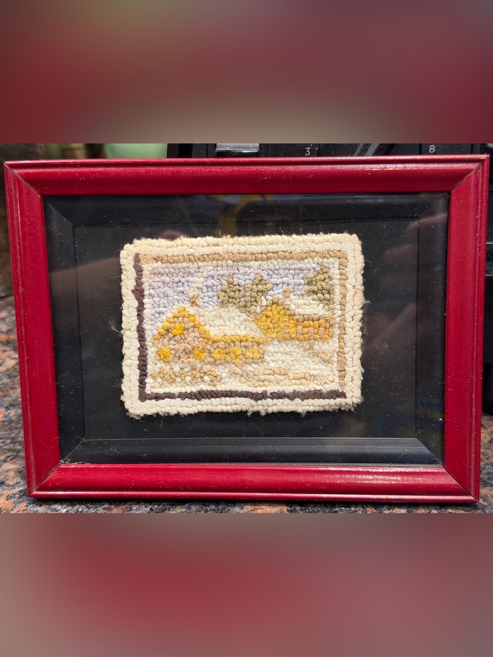 vintage primitive hooked rug artwork Miniature Framed Handmade Textile Art